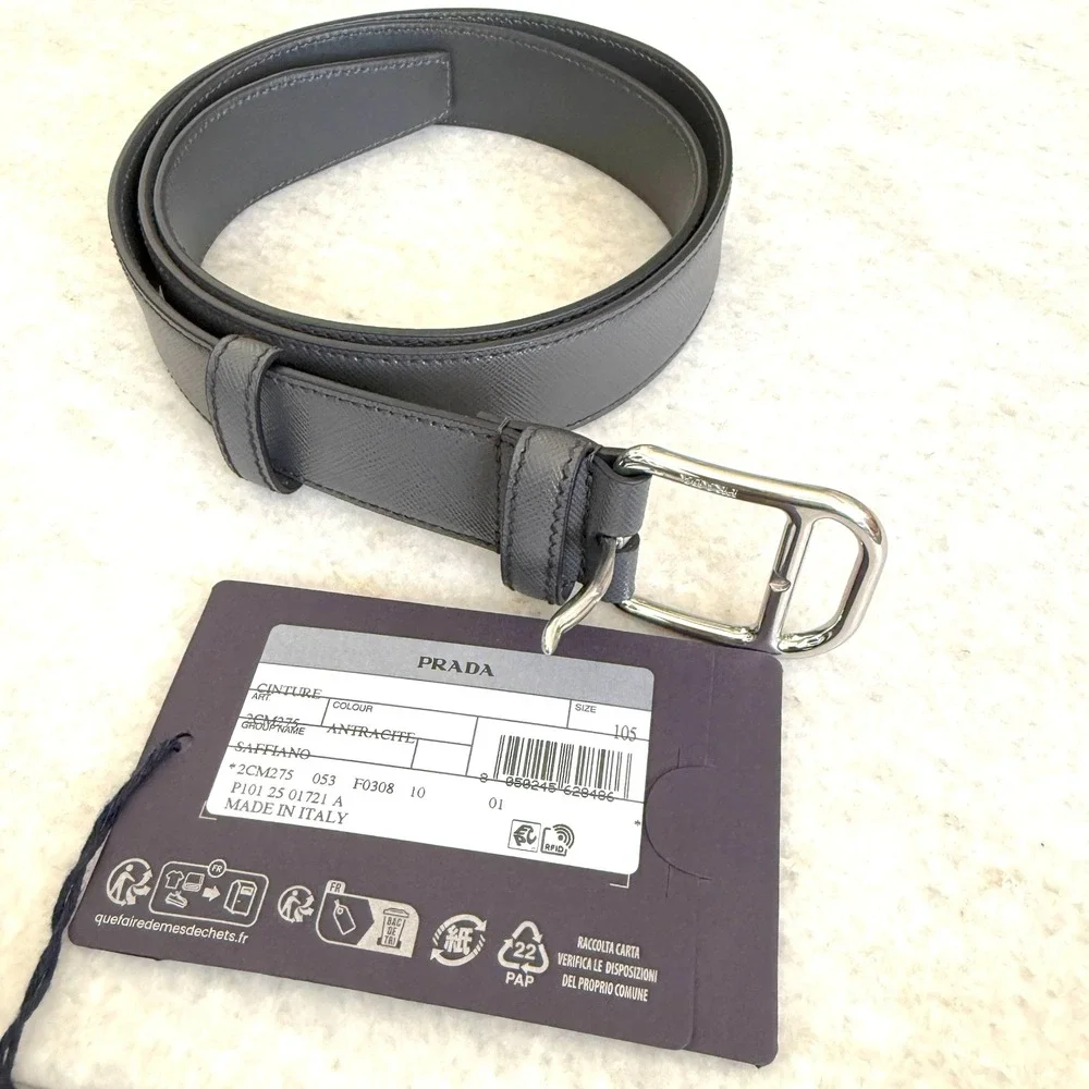 Prada 2CM275 Men's Saffiano Leather Antracite Gray‎ Belt silver buckle, 105cm